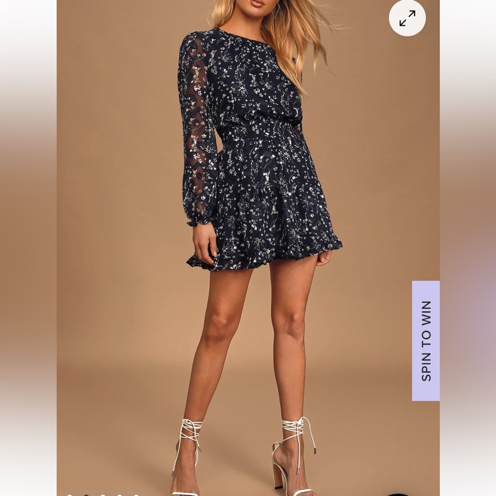 Lulus Navy Blue Floral Smocked Mini Dress size large